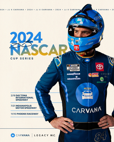 Carvana, an industry pioneer for buying and selling used cars online, today announced the continuation of its partnership with racing legend Jimmie Johnson and LEGACY MOTOR CLUB™ in 2024. (Graphic: Business Wire)