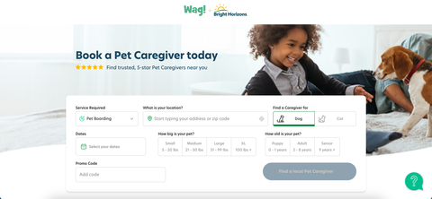 The Wag! x Bright Horizons landing page, where pet parents can book employer-sponsored pet care from 5-star pet caregivers. (Graphic: Business Wire)