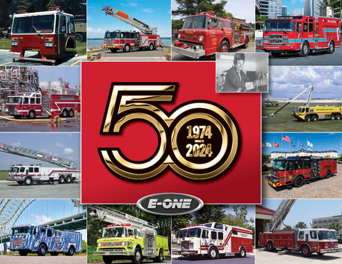 E-ONE, a subsidiary of REV Group Inc., and a leading manufacturer of fire apparatus, is marking its milestone 50th anniversary in 2024 with a year-long celebration that will include honoring longtime customers and employees, special events showcasing new deliveries of fire trucks and the unveiling of a new fire truck badge, commemorative challenge coin and more. (Photo: Business Wire)