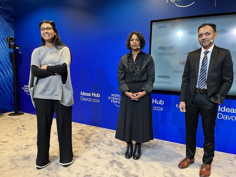 L- Roshni Nadar Malhotra, Chairperson, HCLTech along with the two Aquapreneurs at World Economic Forum 2024 (Photo: Business Wire)