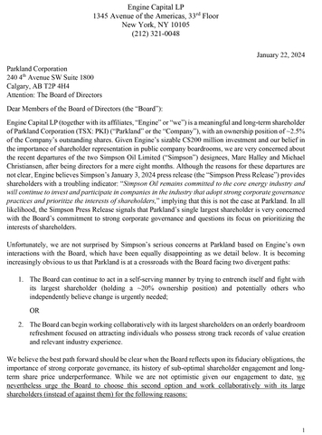 Engine Capital Sends Letter to Parkland Corp.’s Board of Directors Regarding the Need to Collaborate with Shareholders on Value-Enhancing Changes.