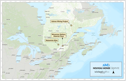 Map of NMG's assets in Québec, Canada: the projected Matawinie Mine, Bécancour Battery Material Plant and Uatnan Mining Project. (Graphic: Business Wire)