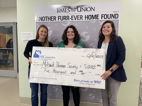 Pictured here from left to right are NBC Chief Financial Officer Caitlin McCrea, Mohawk Hudson Humane Society Vice President for Development Whitney Philippi, and NBC Human Resources Officer Nicole Bliss (Photo: Business Wire)