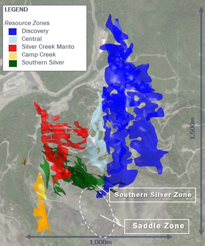 Figure 2: Year-end 2022 resource shapes showing locations of Southern Silver Zone and Saddle Zone. (Graphic: Business Wire)