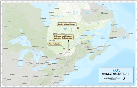 Carte des actifs de NMG au Québec, au Canada, avec les opérations prévues de la mine Matawinie, l’usine de matériaux de batteries de Bécancour et le projet minier d’Uatnan. (Graphic: Business Wire)