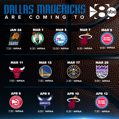 Mavericks' fans across Dallas-Fort Worth will have access to 13 free games on WFAA-TV through its free over-the-air broadcasts and through its broadcast distribution with cable, satellite, and streaming services. (Graphic: Bussiness Wire)