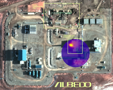 This sample 10 cm/pixel visible image, with an example 2 meters/pixel thermal snapshot, depicts a natural gas compression site, demonstrating the level of detail and clarity of Albedo satellite imagery. Scene content, such as vehicles present and an operating gas compressor, are examples of possible activity indicators. (Graphic: Business Wire)