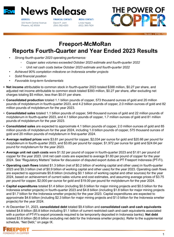 Freeport-McMoRan Reports Fourth-Quarter and Year Ended 2023 Results