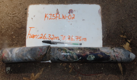 Figure 2: Drill Core - Hole K15FLW02 Depiction of visible copper sulfide/oxide mineralization from 26m to 35m. In weathered parts of the core, the copper is predominantly in the form of chalcocite, a copper sulfide, which the mill has proven to be effective in recovering.