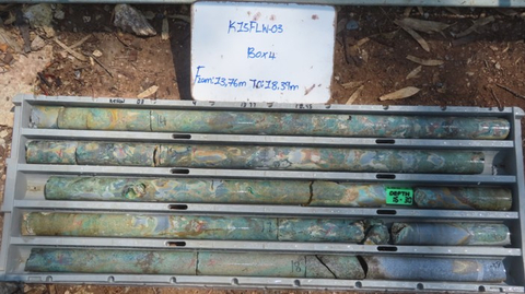 Figure 3: Drill Core - K15FLW03 The wet drill core pictured in Figure 3 shows mainly oxide mineralization between 13.76m and 18.39m.