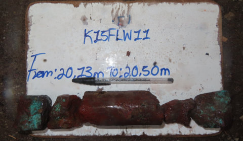 Figure 5: Drill Core - K15FLW11 The wet drill core from K15FLW11 pictured in Figure 5 shows high-grade Cu oxide/sulfide mineralization, with an average of 5.84% Cu over 19m between 17m and 36 m, of which 43.8% is oxide.