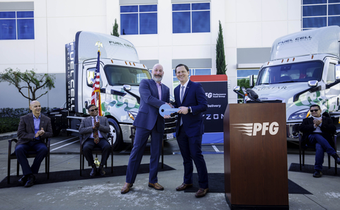 Leaders from Performance Food Group (PFG) and Hyzon celebrate the delivery of four fuel cell electric vehicles (FCEVs) in Fontana, CA today. Left to Right: Pat Griffin, Hyzon North America President; Dr. Bappa Banerjee, Hyzon Chief Operating Officer; Jeff Williamson, Senior Vice President, Operations, Performance Food Group; Parker Meeks, Hyzon Chief Executive Officer; Jesse Armendarez, 2nd District, San Bernardino County Supervisor (Photo: Business Wire)