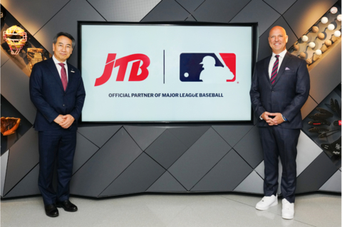 Eijiro Yamakita, JTB President & CEO (left) at MLB headquarters in New York City with Noah Garden, Deputy Commissioner, Business & Media, Major League Baseball (right). (Photo: Business Wire)