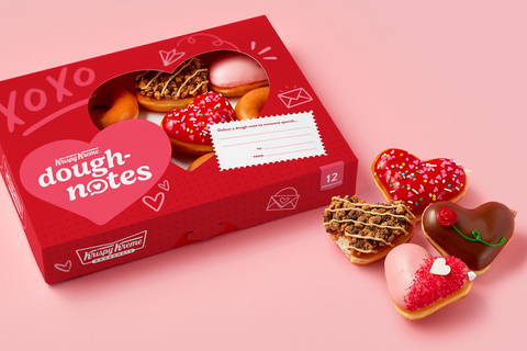 Four all-new heart-shaped doughnuts in custom “Dough-Notes” dozens box available beginning Jan. 29 through Valentine’s Day. (Photo: Business Wire)