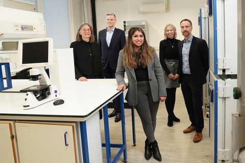 Left to right are Anne Muir (Eos), Albert Nicholl (Carcinotech), Ishani Malhotra (Carcinotech), Sarah Newbould (British Business Bank), and David Milroy (Maven) [Photo by Stewart Attwood]