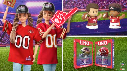 Mattel Creations celebrates Super Bowl LVIII with exclusive Fisher-Price® Little People Collector™, Barbie®, and UNO® Championship collectibles. (Graphic: Business Wire)
