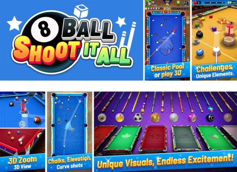 Above: The 8 Ball Shoot It All logo and gameplay screenshots. Below: Combining realism and comfort in gameplay & a wide range of customization options. (Graphic: Square Enix)