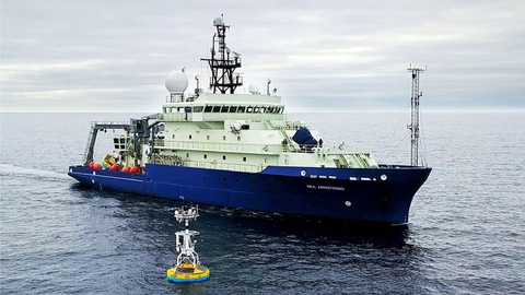 R/V Neil Armstrong preparing to recover an Ocean Observatories Initiative (OOI) surface mooring from the Irminger Sea Array, east of Greenland. Large-scale ocean observation is critical if science is to keep up with the pace of business innovation in the ocean-climate space. James Kuo/©Woods Hole Oceanographic Institution