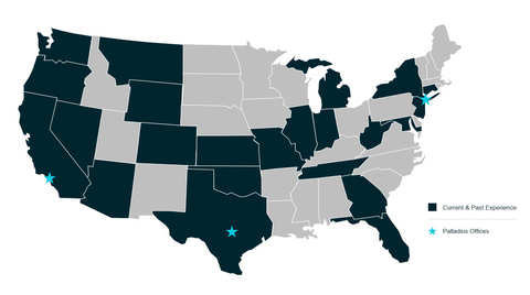 Map of Palladius Capital Management's current and past footprint across the United States. (Graphic: Business Wire)