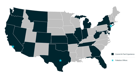 original Map of Palladius Capital Management's current and past footprint across the United States. (Graphic: Business Wire)