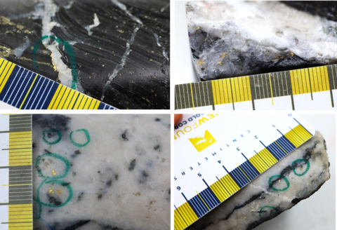 original Figure 1: Photos of mineralization from: Top Left: NFGC-23-1669 at ~79.8m, Top Right NFGC-23-1783 at ~13.2m, Bottom Left: NFGC-23-1778 at ~17.8m, Bottom Right: NFGC-23-1669 at ~75.5m ^Note that these photos are not intended to be representative of gold mineralization in NFGC-23-1669, NFGC-23-1778, and NFGC-23-1783. (Photo: Business Wire)