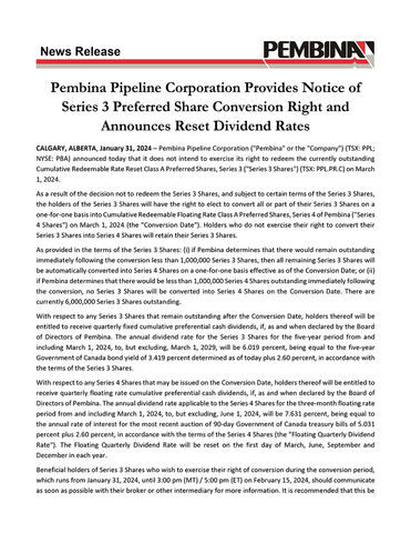 Pembina Pipeline Corporation Provides Notice of Series 3 Preferred Share Conversion Right and Announces Reset Dividend Rates