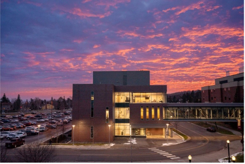 The sun sets behind the Heikkila Chemistry and Advanced Materials Science (HCAMS) building on the University of Minnesota Duluth Campus. Photo courtesy University of Minnesota Duluth