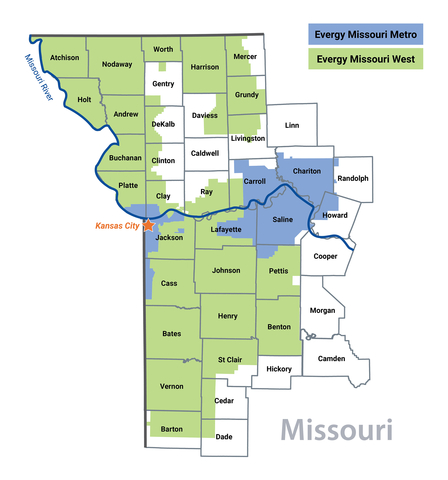 Map of Missouri showing the areas served by Evergy Missouri West and Evergy Missouri Metro. (Graphic: Business Wire)