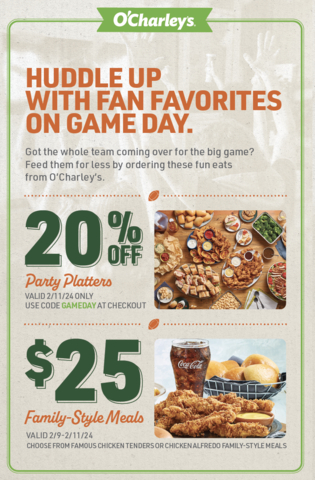 O’Charley’s is celebrating the Big Game with great deals on delicious meals! (Graphic: Business Wire)