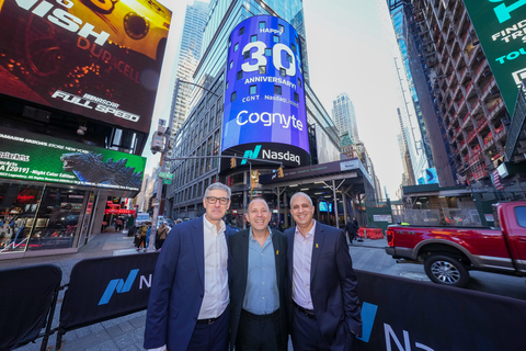 Cognyte CEO Elad Sharon (right), CFO David Abadi (center) and VP Investor Relations Dean Ridlon (left) at the Nasdaq opening bell ringing on Monday, February 5, 2024. (Photo credit: Nasdaq, Inc.)