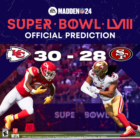 Madden NFL 24's official prediction has the Kansas City Chiefs beating the San Francisco 49ers, 30-28, in Super Bowl LVIII. (Graphics: Business Wire)
