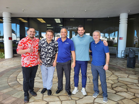 Palani Correa, branch sales manager; Doug Pitassi, president and CEO of Pacific Office Automation; Trevor Maunakea, general manager of Maunakea Integrated Solutions; Andrew Salgado, general counsel for POA; and Buck Schrey, purchasing manager at POA (left to right) stand in front of Maunakea Integrated Solutions, acquired by POA on February 1, 2024. (Photo: Business Wire)
