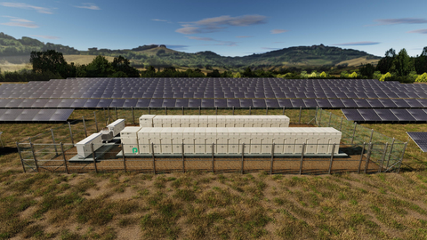 Image of Galp's solar power plant with rendering of Powin's new battery installation. (Photo: Business Wire)