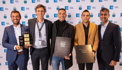 American Express and Argentine Football Association announce expanded sponsorship. From left to right: Pablo Diaz, AFA; Lisandro Delfino, American Express; Lionel Scaloni, AFA; Leandro Petersen, AFA; Mohammed Badi, American Express (Photo: American Express)