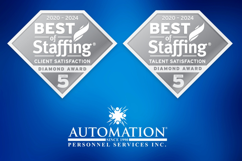 Automation Personnel Services wins ClearlyRated’s 2024 Best of Staffing Client and Talent 5-Year Diamond Awards. (Graphic: Business Wire)