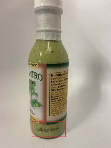 thumbnail Trader Joe's Cilantro Dressing 12 oz Use by Date Location (Photo: Business Wire)