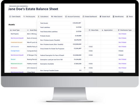 Trustate's Estate Balance Sheet with instant estate tax calculations (Graphic: Trustate)