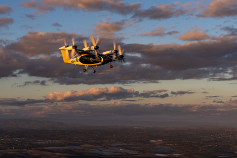 Joby’s all-electric aircraft in flight above Marina, California. Joby Aviation photo