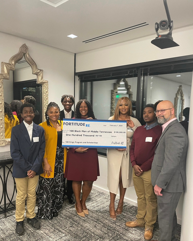 Latasha Brown and Conselola Brown, members of Fortitude Re's BRIGHT ERG for Black professionals, are joined by 100 Black Men of Middle TN leadership and students served by the nonprofit for the check presentation. (l-r) Student, Julisa Maxwell, program manager, student, Latasha Brown, Conselola Brown, student, Andre Lee, executive director. (l-r) (Photo: Business Wire)