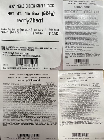 Albertsons Companies has voluntarily recalled five ReadyMeals and store-made taco kits supplied by Fresh Creative Foods due to possible Listeria monocytogenes contamination. Image includes examples of labels. Photo Courtesy: Albertsons Companies