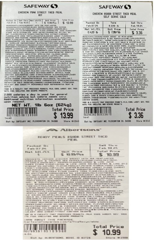 Albertsons Companies has voluntarily recalled five ReadyMeals and store-made taco kits supplied by Fresh Creative Foods due to possible Listeria monocytogenes contamination. Image includes examples of labels. Photo Courtesy: Albertsons Companies