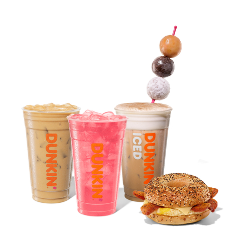 Knowing anything is possible with Dunkin’ fueling the journey, the brand is bringing The DunKings’ dreams to life by launching its inspired menu nationwide on Feb. 12. The DunKings Menu features (from left to right): Hazelnut Heartthrob Iced Coffee, Mixed Berry Beats Dunkin' Refresher, The DunKings Iced Coffee with MUNCHKINS Skewer and Everything Encore Breakfast Sandwich. (Photo: Business Wire)