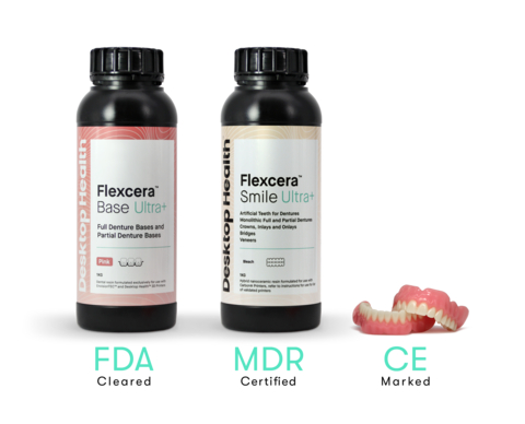 Desktop Health is launching Flexcera Base Ultra+ for 3D printing gingiva in five natural shades. In combination with Flexcera Smile Ultra+, which is used to 3D print teeth, dentists and dental labs can now 3D print full and partial removable dentures that are strong, comfortable, and deliver a lifelike aesthetic. (Photo: Business Wire)