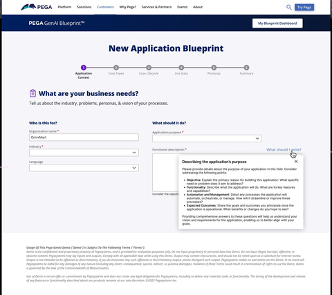 This screenshot shows the first step in the application design process using Pega GenAI Blueprint, which collects information on an application's purpose and leverages generative AI to produce a design starting point. (Graphic: Business Wire)