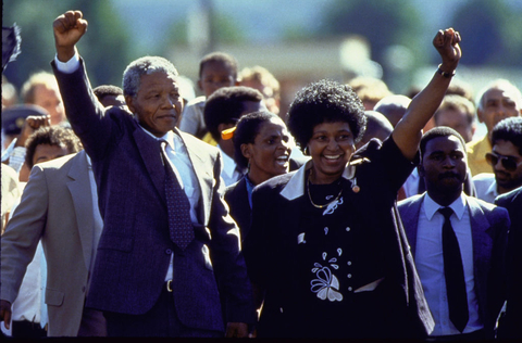 original Nelson and Winnie Mandela after his liberation from prison in South Africa on February 11, 1990. Photo by Pool BOUVET/DE KEERLE/Gamma-Rapho via Getty Images.
