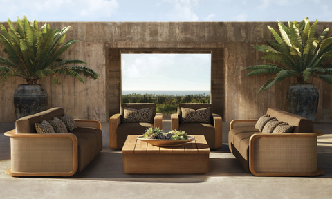 RH OUTDOOR 2024 INTRODUCES THE SANTIAGO COLLECTION IN PREMIUM SOLID TEAK & ALL-WEATHER CANE. DESIGNED BY THOMAS BINA, LOS ANGELES & RONALD SASSON, BRAZIL. (Photo: Business Wire)