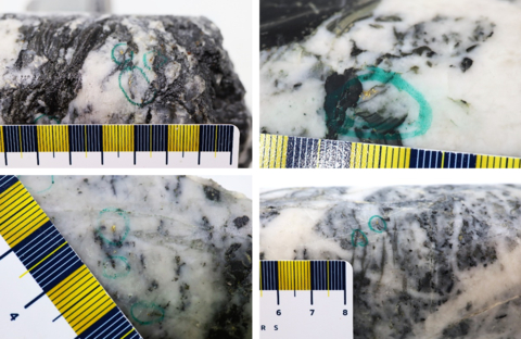 original Figure 1: Photos of mineralization from Top Left: at ~16.9m in NFGC-23-1957, Top Right: at ~41.7 in NFGC-23-1608, Bottom Left: at ~52.7 in NFGC-23-1611, Bottom Right: at ~106.6m in NFGC-23-1437. ^Note that these photos are not intended to be representative of gold mineralization in NFGC-23-1437, NFGC-23-1608, NFGC-23-1611, and NFGC-23-1957. (Photo: Business Wire)