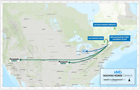 Map of NMG's integrated extraction and advanced manufacturing routes to supply Panasonic Energy and GM.