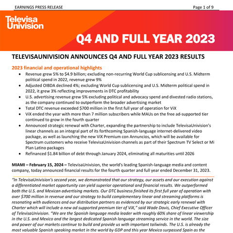 thumbnail TelevisaUnivision Q4 and Full Year 2023 Results