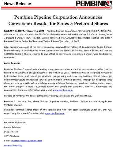Pembina Pipeline Corporation Announces Conversion Results for Series 3 Preferred Shares